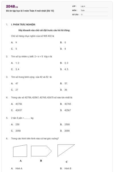 Đề ôn tập học kì I môn Toán 4 mới nhất (Đề 10)