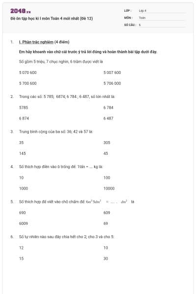 Đề ôn tập học kì I môn Toán 4 mới nhất (Đề 12)