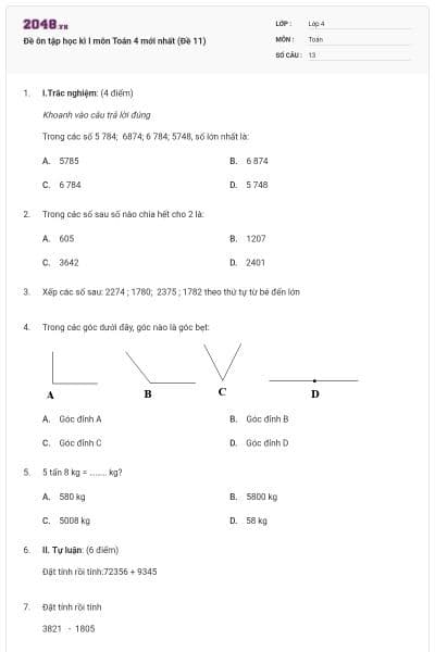 Đề ôn tập học kì I môn Toán 4 mới nhất (Đề 11)
