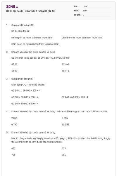 Đề ôn tập học kì I môn Toán 4 mới nhất (Đề 13)