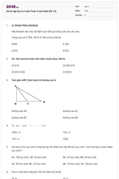 Đề ôn tập học kì I môn Toán 4 mới nhất (Đề 14)