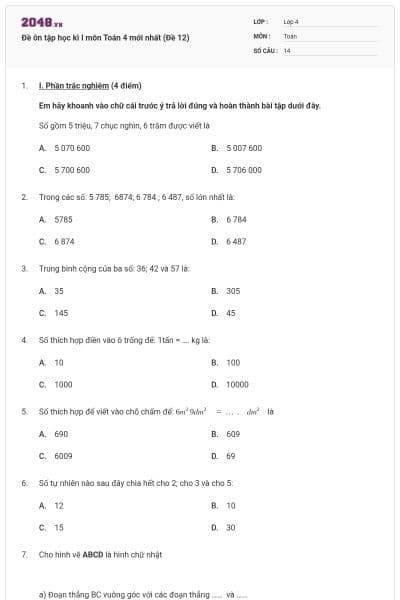 Đề ôn tập học kì I môn Toán 4 mới nhất (Đề 12)