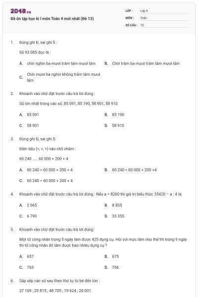Đề ôn tập học kì I môn Toán 4 mới nhất (Đề 13)