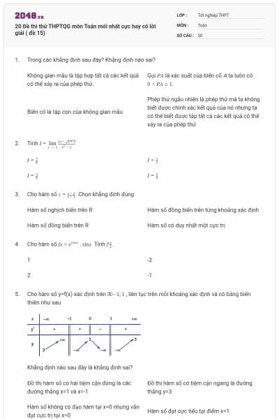 20 Đề thi thử THPTQG môn Toán mới nhất cực hay có lời giải ( đề 15)