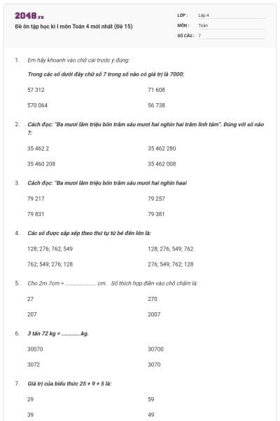 Đề ôn tập học kì I môn Toán 4 mới nhất (Đề 15)
