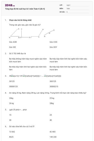 Tổng hợp đề thi cuối học kì I môn Toán 4 (đề 4)
