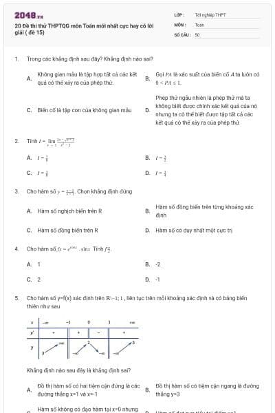 20 Đề thi thử THPTQG môn Toán mới nhất cực hay có lời giải ( đề 15)