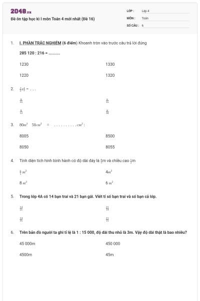 Đề ôn tập học kì I môn Toán 4 mới nhất (Đề 16)
