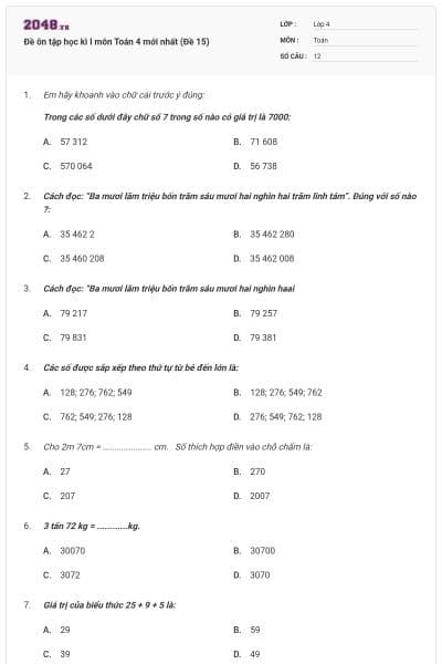 Đề ôn tập học kì I môn Toán 4 mới nhất (Đề 15)