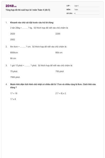 Tổng hợp đề thi cuối học kì I môn Toán 4 (đề 5)