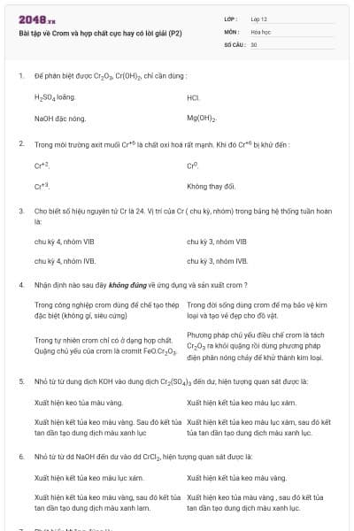 Bài tập về Crom và hợp chất cực hay có lời giải (P2)