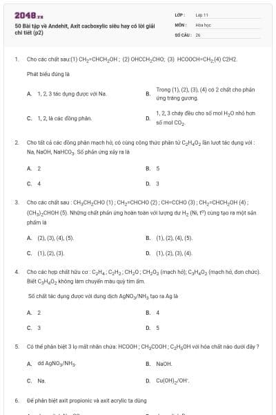 50 Bài tập về Andehit, Axit cacboxylic siêu hay có lời giải chi tiết (p2)