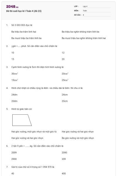 Đề thi cuối học kì I Toán 4 (đề 23)