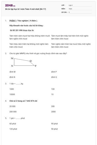 Đề ôn tập học kì I môn Toán 4 mới nhất (Đề 17)