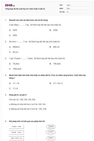 Tổng hợp đề thi cuối học kì I môn Toán 4 (đề 5)