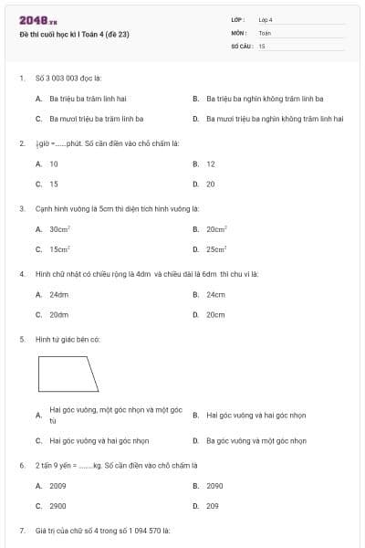 Đề thi cuối học kì I Toán 4 (đề 23)