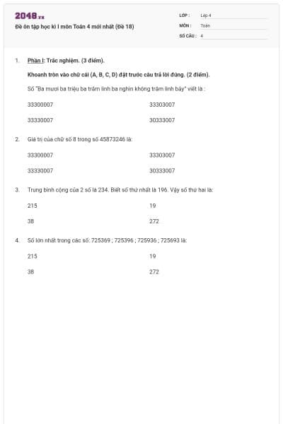 Đề ôn tập học kì I môn Toán 4 mới nhất (Đề 18)