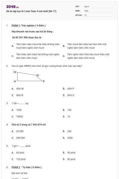 Đề ôn tập học kì I môn Toán 4 mới nhất (Đề 17)