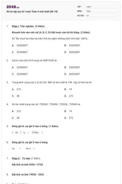 Đề ôn tập học kì I môn Toán 4 mới nhất (Đề 18)
