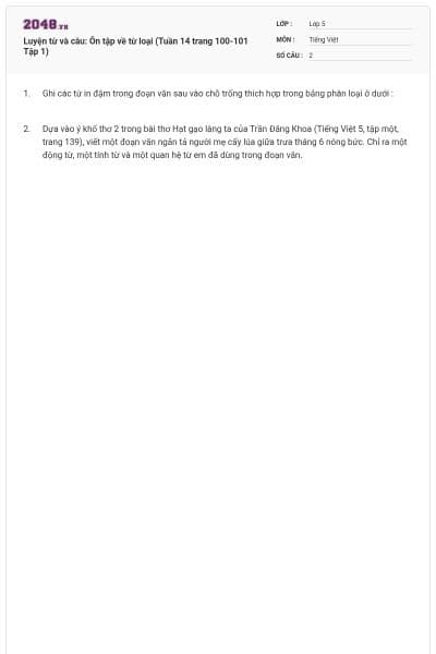 Luyện từ và câu: Ôn tập về từ loại (Tuần 14 trang 100-101 Tập 1)