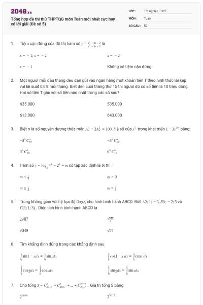 Tổng hợp đề thi thử THPTQG môn Toán mới nhất cực hay có lời giải (Đề số 5)