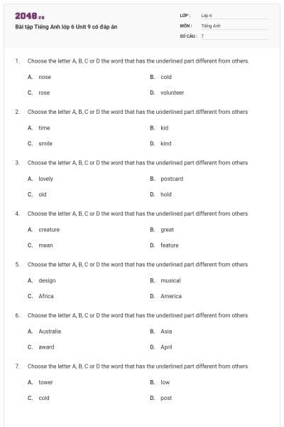 Bài tập Tiếng Anh lớp 6 Unit 9 có đáp án