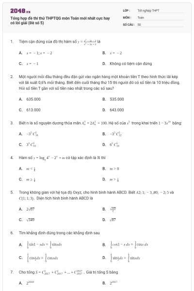 Tổng hợp đề thi thử THPTQG môn Toán mới nhất cực hay có lời giải (Đề số 5)