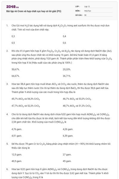 Bài tập về Crom và hợp chất cực hay có lời giải (P3)