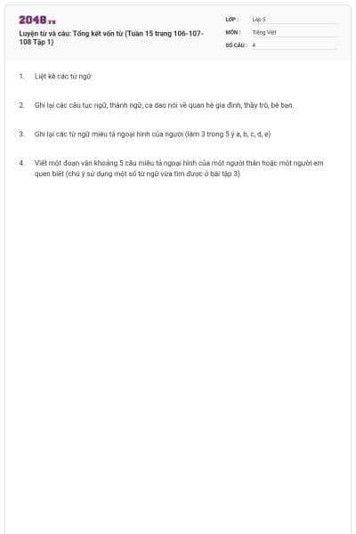 Luyện từ và câu: Tổng kết vốn từ (Tuần 15 trang 106-107-108 Tập 1)