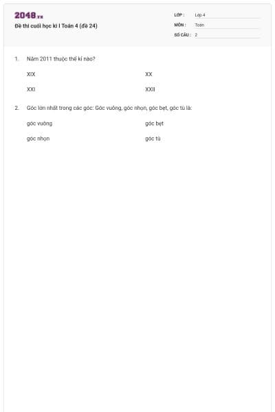 Đề thi cuối học kì I Toán 4 (đề 24)