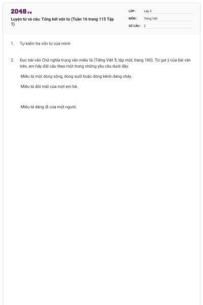 Luyện từ và câu: Tổng kết vốn từ (Tuần 16 trang 115 Tập 1)