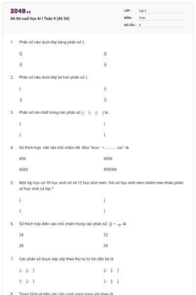 Đề thi cuối học kì I Toán 4 (đề 26)
