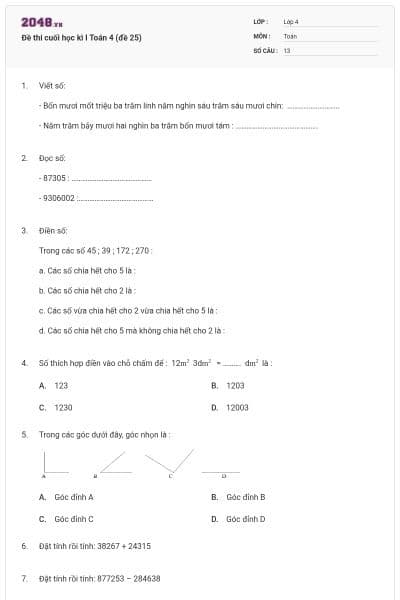 Đề thi cuối học kì I Toán 4 (đề 25)