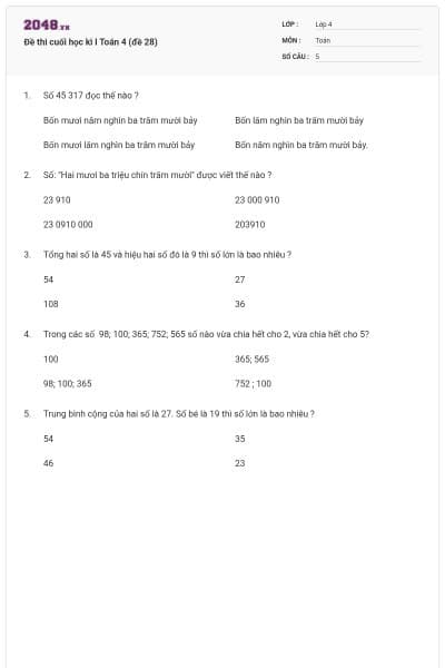 Đề thi cuối học kì I Toán 4 (đề 28)