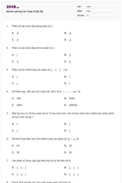 Đề thi cuối học kì I Toán 4 (đề 26)