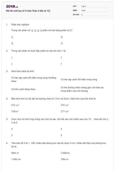 Bài thi cuối học kì II môn Toán 4 (Đề số 12)