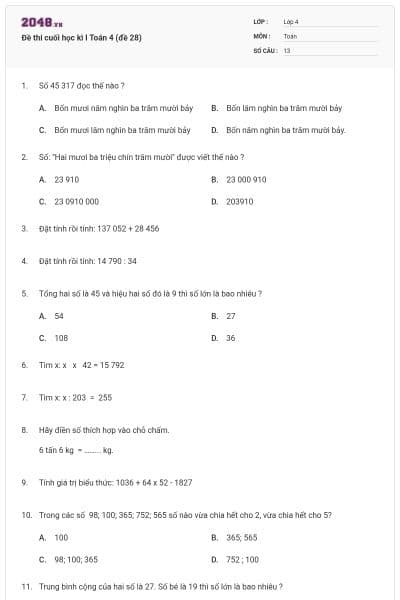 Đề thi cuối học kì I Toán 4 (đề 28)