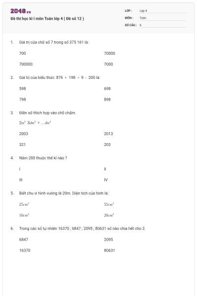Đề thi học kì I môn Toán lớp 4 ( Đề số 12 )