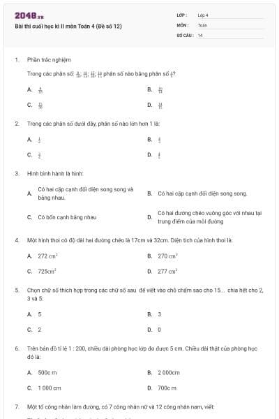 Bài thi cuối học kì II môn Toán 4 (Đề số 12)