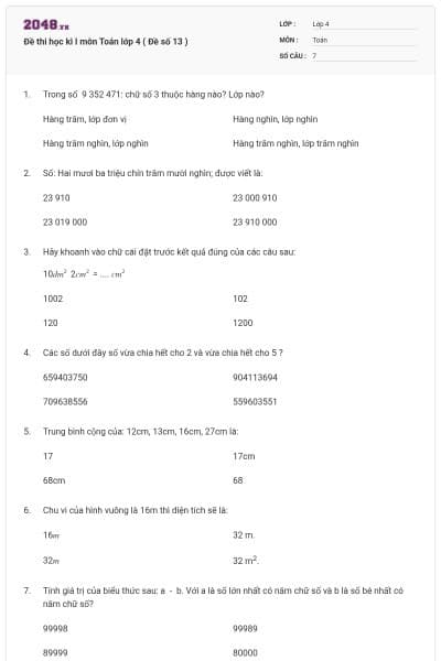 Đề thi học kì I môn Toán lớp 4 ( Đề số 13 )