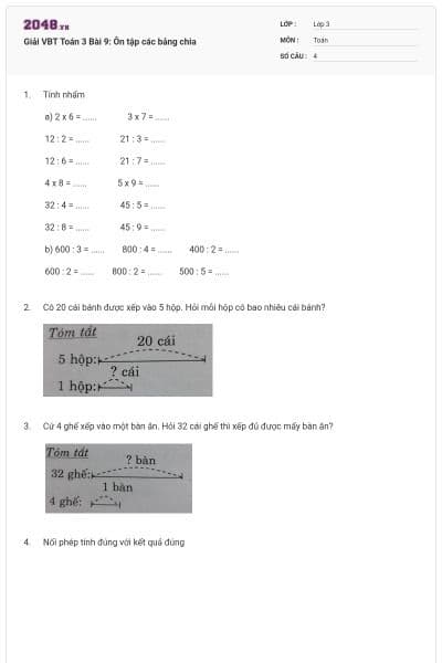 Giải VBT Toán 3 Bài 9: Ôn tập các bảng chia