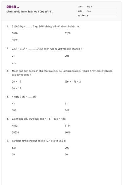Đề thi học kì I môn Toán lớp 4 ( Đề số 14 )