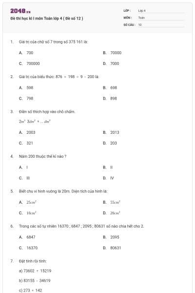 Đề thi học kì I môn Toán lớp 4 ( Đề số 12 )