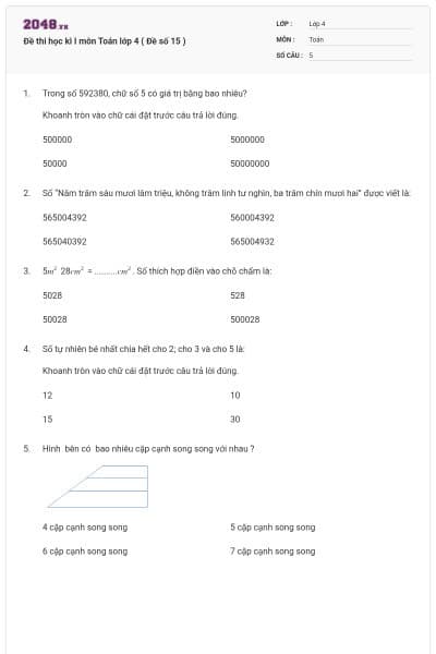 Đề thi học kì I môn Toán lớp 4 ( Đề số 15 )