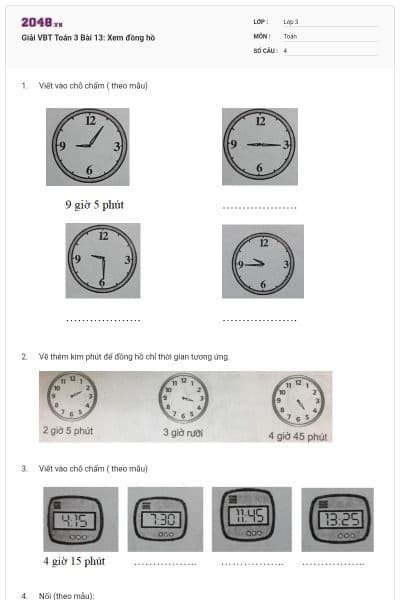 Giải VBT Toán 3 Bài 13: Xem đồng hồ