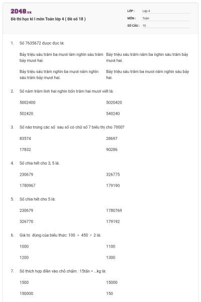 Đề thi học kì I môn Toán lớp 4 ( Đề số 18 )