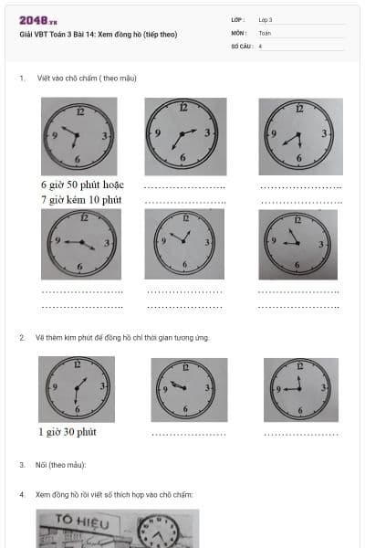 Giải VBT Toán 3 Bài 14: Xem đồng hồ (tiếp theo)