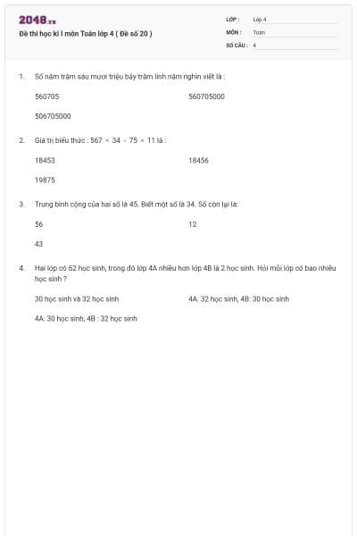 Đề thi học kì I môn Toán lớp 4 ( Đề số 20 )