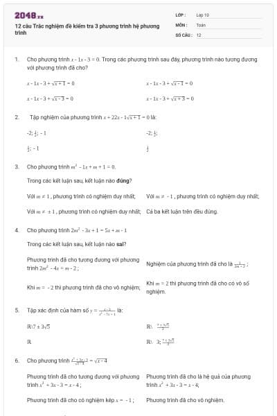12 câu  Trắc nghiệm đề kiểm tra 3 phương trình hệ phương trình