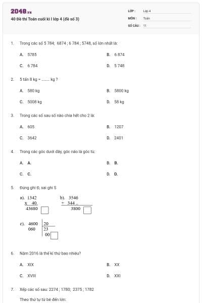 40 Đề thi Toán cuối kì I lớp 4 (đề số 3)